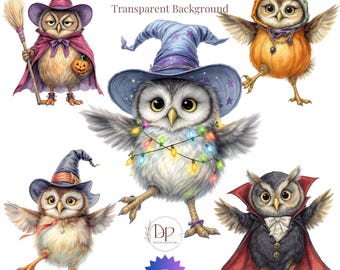 Paquete de imágenes prediseñadas PNG de búhos de Halloween (21 imágenes), búho bruja, diario de Halloween, scrapbooking, sublimación, DESCARGA DIGITAL