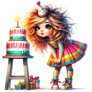 K&ouml;nnte beinhalten: Bunte Illustration eines M&auml;dchens mit Partyhut, gestreiftem Kleid und Leggings, das einen zweist&ouml;ckigen Geburtstagskuchen mit einer brennenden Kerze betrachtet. Geschenkboxen mit Schleifen befinden sich am Fu&szlig; des Kuchenst&auml;nders. Konfetti ist verstreut.