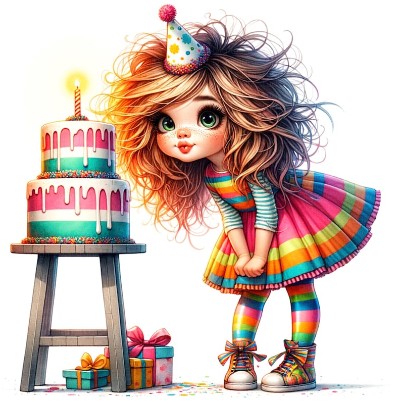 K&ouml;nnte beinhalten: Bunte Illustration eines M&auml;dchens mit Partyhut, gestreiftem Kleid und Leggings, das einen zweist&ouml;ckigen Geburtstagskuchen mit einer brennenden Kerze betrachtet. Geschenkboxen mit Schleifen befinden sich am Fu&szlig; des Kuchenst&auml;nders. Konfetti ist verstreut.