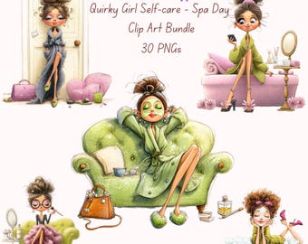 Quirky Girls PNG Clipart: Spa Girl Self Care (30 PNG DIGITAL Nedladdning) Sublimering, Scrapbooking, Planner Sticker