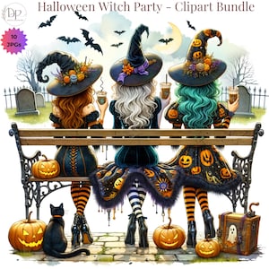 Pu&ograve; includere: Illustrazione digitale intitolata "Halloween Witch Party - Clipart Bundle" con tre streghe con cappelli, sedute su una panchina. Zucca, un gatto nero e uno scrigno del tesoro sono in primo piano. Le streghe tengono in mano delle bevande, con pipistrelli e una luna sullo sfondo.