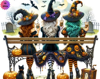 Clipart de bruxa de Halloween 10JPG, Clipart de melhores amigas para o Halloween, Arte de bruxa de Halloween, Scrapbooking para diário de recortes de bruxas (uso comercial)