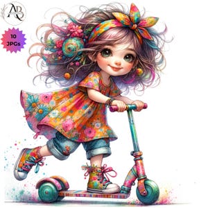 Filles originales, bébés originaux sur scooter 10 JPG, bébés fantaisistes, jolie fille fantaisiste, oeuvre d'art pour chambre d'enfant, scrapbooking, journal indésirable, fabrication de cartes