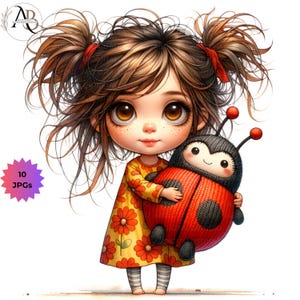 Bébés originaux Lady Bug 10 JPG bébé coccinelle Clipart filles originales bébés lunatiques, bébé aquarelle Clipart imprimable chambre d'enfant Art printemps filles