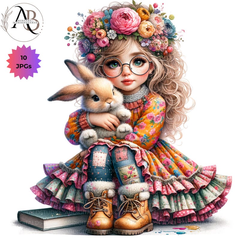 Quirky Girl With Bunnies Clipart Easter Bunny Girl 10JPG Whimsical Cute ...