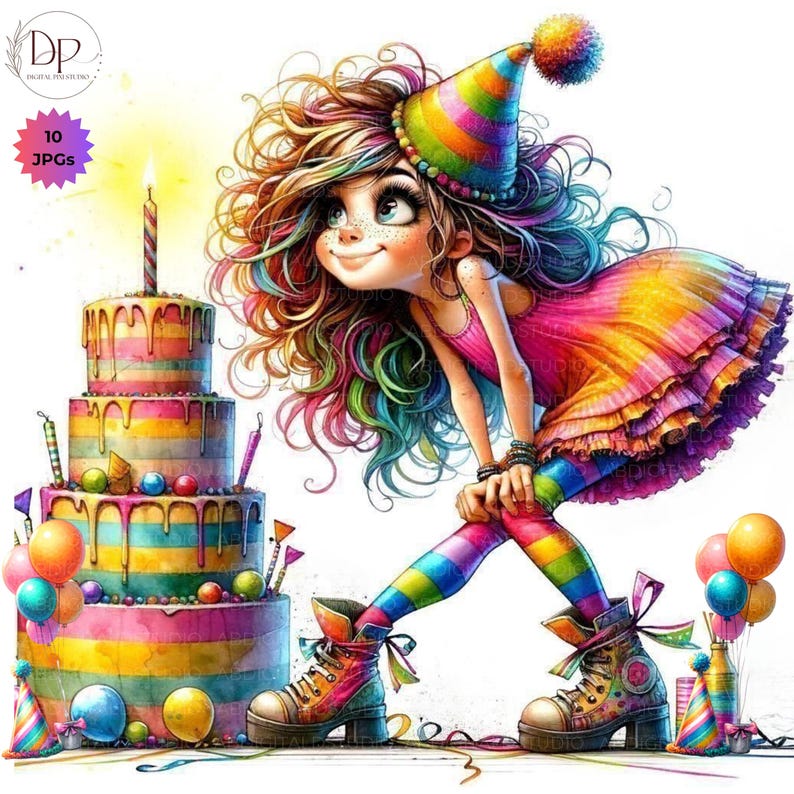 K&ouml;nnte beinhalten: Bunte digitale Illustration eines M&auml;dchens mit Regenbogenhaar und -kleidung, das einen Partyhut tr&auml;gt und sich zu einer mehrst&ouml;ckigen Geburtstagstorte mit brennenden Kerzen beugt. Das Bild enth&auml;lt Luftballons und den Text "10 JPGs".