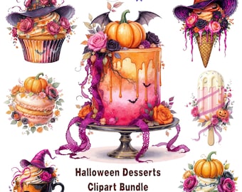 Paquete PNG de dulces y golosinas de Halloween con un toque caprichoso, elementos de Halloween, cupcakes, pasteles, imágenes prediseñadas PNG de postres, álbumes de recortes y sublimación.