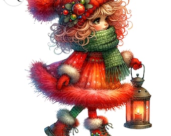 Christmas Clipart Quirky Girl Christmas Clipart Bundle 9 PNG Watercolor Digital Printable Scrapbooking Junk Journaling Handmade Card Kit