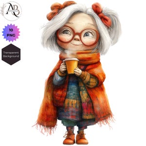 Quirky Grandma Coffee Clipart 10 PNG, Grandma Cartoon, Quirky Cute Whimsical Senior Old Lady Clipart, Scrapbooking Junk Journal Ephemera
