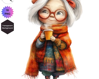 Grandma Coffee Clipart: Quirky Senior Lady Cartoon (10 PNG)