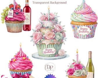 Paquete de imágenes prediseñadas PNG de cupcakes de cumpleaños: 21 imágenes de cupcakes para tarjetas de cumpleaños e invitaciones a fiestas (descarga digital).