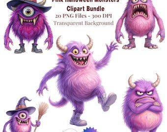 Paquete de imágenes prediseñadas PNG de monstruos adorables, diseños rosas para niñas de Halloween, monstruos esponjosos, tarjeta de cumpleaños, álbum de recortes, sublimación.
