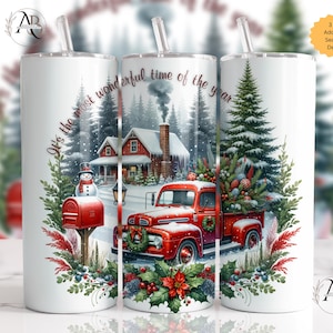 Christmas Truck Cozy Home Snow 20 skinny Tumbler Wrap Sublimation Design Instant PNG DIGITAL ONLY Download, Christmas Red Truck Tumbler Wrap