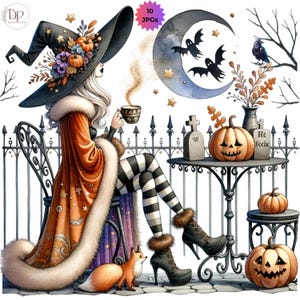Pu&ograve; includere: Illustrazione a tema Halloween con una strega con un cappello nero adornato con zucche e fiori, che beve da una tazza. La scena include una volpe, lanterne a forma di zucca, una luna crescente, pipistrelli e lapidi. L'immagine &egrave; etichettata "10 JPGs."