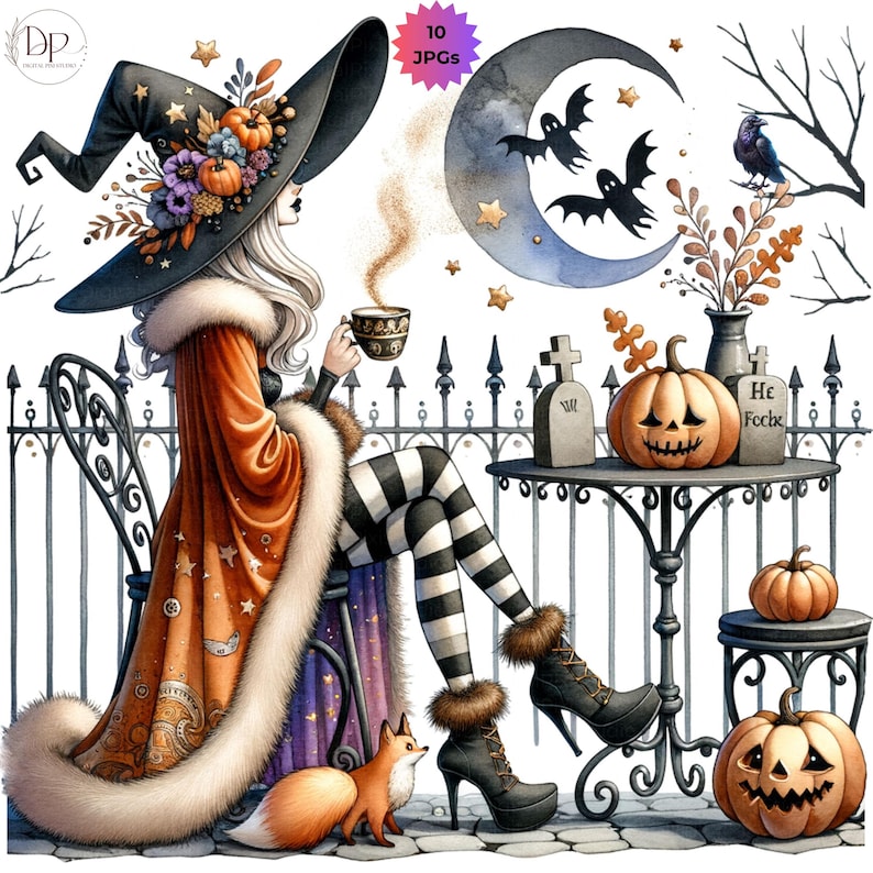 Pu&ograve; includere: Illustrazione a tema Halloween con una strega con un cappello nero adornato con zucche e fiori, che beve da una tazza. La scena include una volpe, lanterne a forma di zucca, una luna crescente, pipistrelli e lapidi. L'immagine &egrave; etichettata "10 JPGs."