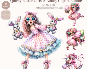 Könnte beinhalten: Ein digitales Clipart-Bundle mit skurrilen Oster-Mädchen und Hasen. Die Illustrationen zeigen Mädchen in rosa Kleidern mit Polka Dots und floralen Akzenten, die Ostereier und Hasen halten. Der Text lautet "Quirky Easter Girls & Bunny Clipart Bundle".
