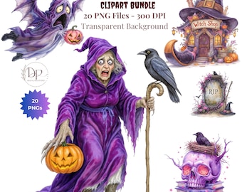 Paquete de imágenes prediseñadas PNG de fantasma rosa espeluznante de Halloween, bruja de Halloween, monstruo PNG, Halloween morado femenino, álbum de recortes y sublimación