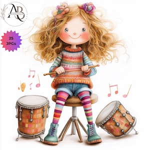 Quirky Girl Musical Clipart 25JPG Cute Whimsical Girls Musical Instrument Art Decor Cartoon Girl Drums Guitars Piano Scrapbook Junkjourn