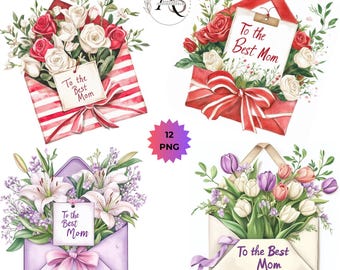 Watercolor Flower Clipart Bundle: Mother's Day 12 PNG Graphics (Digital Download) For Mother's Day Cards, Scrap bookings