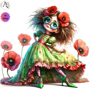 Clipart de niña de flores peculiar 10JPG Clipart de niña de verano caprichosa Descarga digital Diario Scrapbooking Manualidades digitales Uso comercial