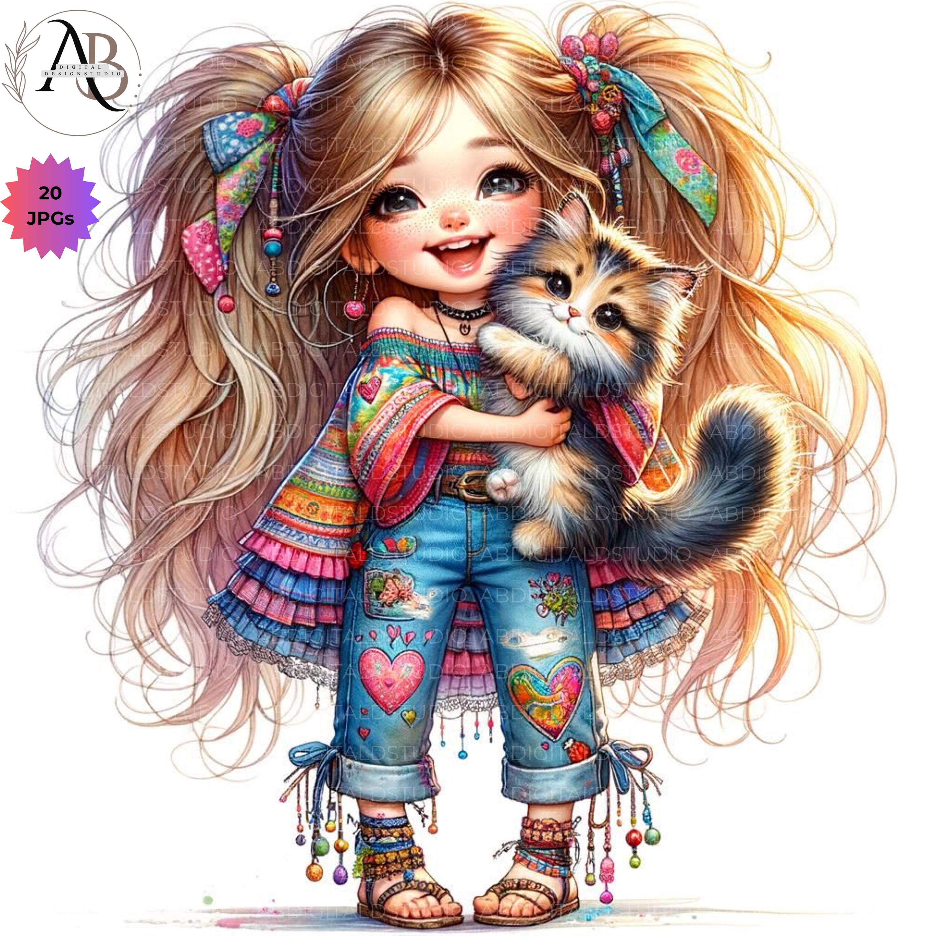 Quirky Girl Clipart Funny Girl Cute Whimsical Girl With Cat Clip Art 20 ...