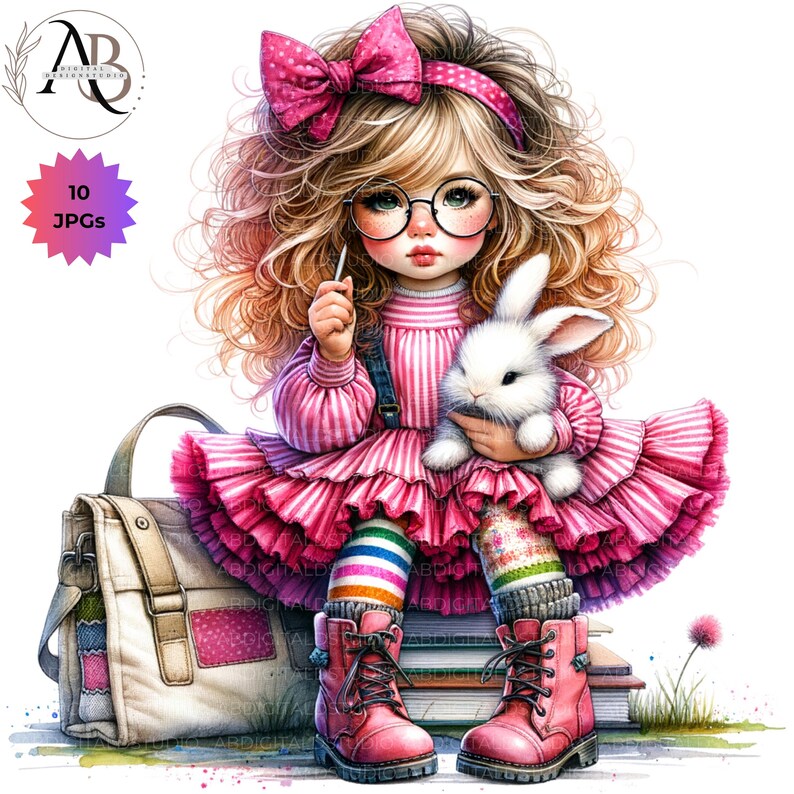 Quirky Girl With Bunnies Clipart Easter Bunny Girl 10JPG Whimsical Cute ...