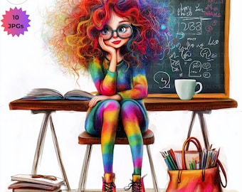 Puede incluir: Una ilustración colorida de una niña con cabello arcoíris sentada en un escritorio con un libro, una taza de café y una pizarra detrás de ella. La pizarra está llena de escritura y dibujos.