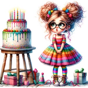 K&ouml;nnte beinhalten: Eine farbenfrohe Illustration eines M&auml;dchens in einem Regenbogenkleid und Brille, neben einer zweist&ouml;ckigen Geburtstagstorte mit Kerzen. Der Kuchen steht auf einem Holzschemel, umgeben von Geschenken und einer Partyh&uuml;tchen.