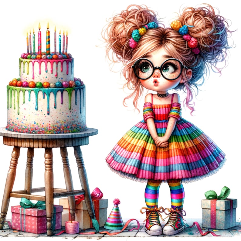 K&ouml;nnte beinhalten: Eine farbenfrohe Illustration eines M&auml;dchens in einem Regenbogenkleid und Brille, neben einer zweist&ouml;ckigen Geburtstagstorte mit Kerzen. Der Kuchen steht auf einem Holzschemel, umgeben von Geschenken und einer Partyh&uuml;tchen.