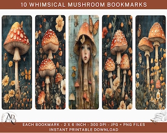 Whimsical Mushrooms Printable Bookmarks 10 PNG + JPG, Teachers Bookmarks Gifts Books Lovers, Mushroom Ephemera Junk Journal Kit Digital Only