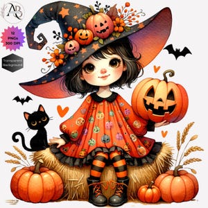 Pode incluir: Uma bruxa de desenho animado fofa com cabelo preto e um chap&eacute;u de bruxa preto com ab&oacute;boras laranja e pretas e estrelas. Ela est&aacute; vestindo um vestido vermelho com ab&oacute;boras laranja e pretas e estrelas. Ela est&aacute; segurando uma ab&oacute;bora laranja grande com um rosto esculpido. Ela est&aacute; sentada em uma fardo de feno com duas ab&oacute;boras menores na frente dela.
