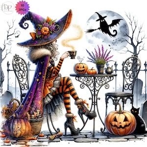 Pu&ograve; includere: Illustrazione ad acquerello di una strega che prende il t&egrave; in un patio, circondata da decorazioni di Halloween. La strega indossa un cappello viola, un mantello e calze a righe arancioni e nere. Zucca, un gatto nero e una luna piena completano la scena.