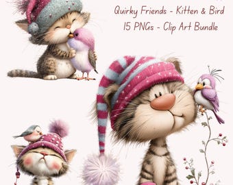 Quirky Kitten and Birds PNG: 15 Quirky Friends Clipart (DIGITAL DOWNLOAD) Scrapbooking, Cardmaking, Sublimation