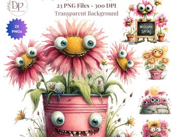 Paquete de imágenes prediseñadas PNG de jardín primaveral caprichoso, 23 caras de flores divertidas, imágenes digitales descargables para scrapbooking y diario creativo, imágenes prediseñadas para sublimación.