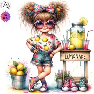 Chica peculiar, Chica limonada de verano 10JPG, Clipart caprichoso y lindo, Paquete de acuarela imprimible digitalmente para scrapbooking, diario, creación de tarjetas
