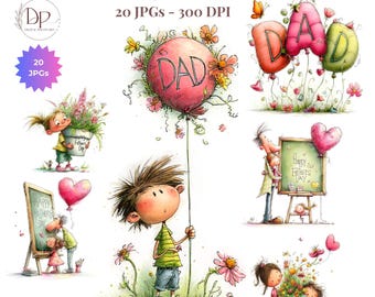 Paquete de imágenes prediseñadas para el Día del Padre (20 imágenes JPG), Feliz Día del Padre con flores, Arte infantil (descarga digital) para tarjetas del Día del Padre, Arte imprimible