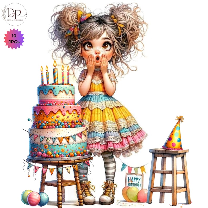 K&ouml;nnte beinhalten: Digitale Illustration eines &uuml;berraschten M&auml;dchens neben einer dreist&ouml;ckigen Geburtstagstorte mit brennenden Kerzen. Die Torte ist mit farbenfrohem Zuckerguss und S&uuml;&szlig;igkeiten verziert. Eine Partyhut und Luftballons sind ebenfalls vorhanden. Der Text "Happy Birthday" ist enthalten.