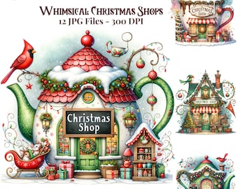 Paquete de imágenes prediseñadas de tienda navideña: diseños de escaparates en acuarela (descarga digital, 12 JPG), tarjetas navideñas, álbumes de recortes