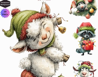 Watercolor Christmas Animal Clipart: 20 PNG Holiday Designs (Digital Download), Christmas Card, Quirky Sublimation