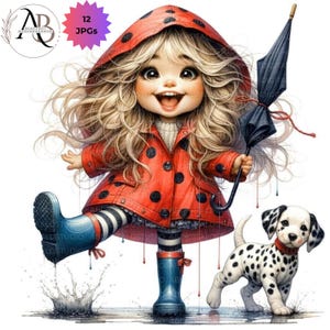 Quirky Girl Clipart Funny Girl Cute Whimsical Girl with Dog in Rain Printable Watercolor Bundle 12 JPG Scrapbooking Journaling Card Making