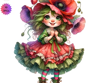 Quirky Flower Girl Clipart: Summer Whimsical Art, Journaling Ephemera, Scrapbooking (Digital Download, 10 JPGs)