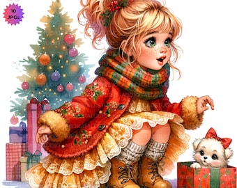 Quirky Girl Funny Girl Cute Whimsical Girl With Christmas Dog Present 10JPG Printable Watercolor Bundle Scrapbooking Journaling Card Making