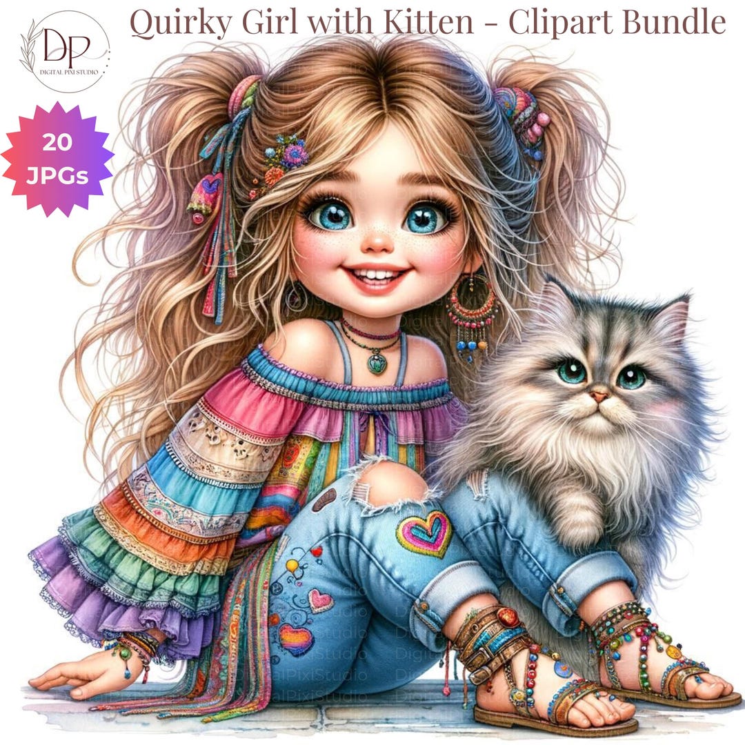 Quirky Girl Clipart Funny Girl Cute Whimsical Girl With Cat Clip Art 20 ...