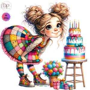 K&ouml;nnte beinhalten: Digitale Illustration eines M&auml;dchens mit blonden Haaren in Z&ouml;pfen, das ein buntes Patchwork-Kleid, gestreifte Leggings und passende Turnschuhe tr&auml;gt. Eine mehrst&ouml;ckige Geburtstagstorte mit Kerzen und ein Blumenstrau&szlig; befinden sich in der N&auml;he. Mehrere verpackte Geschenke sind ebenfalls vorhanden.