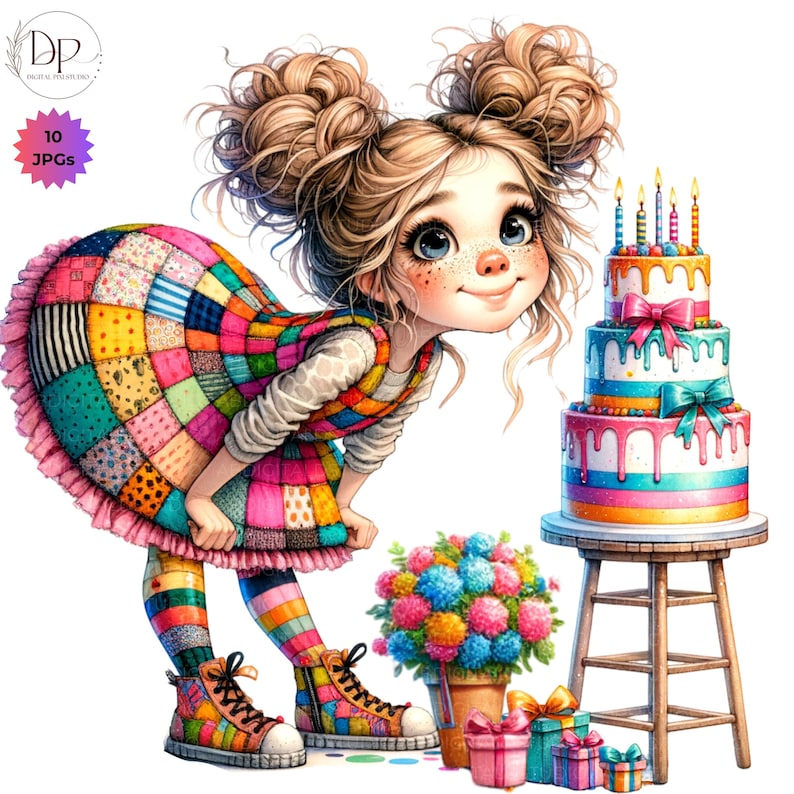 K&ouml;nnte beinhalten: Digitale Illustration eines M&auml;dchens mit blonden Haaren in Z&ouml;pfen, das ein buntes Patchwork-Kleid, gestreifte Leggings und passende Turnschuhe tr&auml;gt. Eine mehrst&ouml;ckige Geburtstagstorte mit Kerzen und ein Blumenstrau&szlig; befinden sich in der N&auml;he. Mehrere verpackte Geschenke sind ebenfalls vorhanden.