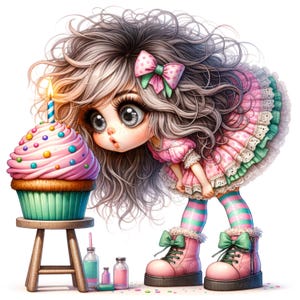 May include: A whimsical illustration of a wide-eyed character gazing at a large cupcake with a lit candle. The cupcake is pink with colorful sprinkles, set on a small wooden stool. The character wears a pink dress, striped socks, and pink boots with green bows.