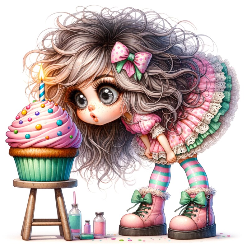 May include: A whimsical illustration of a wide-eyed character gazing at a large cupcake with a lit candle. The cupcake is pink with colorful sprinkles, set on a small wooden stool. The character wears a pink dress, striped socks, and pink boots with green bows.