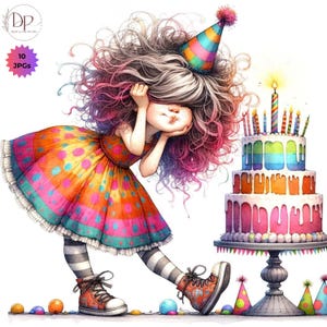 K&ouml;nnte beinhalten: Eine skurrile Illustration eines M&auml;dchens mit bunten Haaren und einer Partyh&uuml;tchen, das sich zu einer dreist&ouml;ckigen Geburtstagstorte mit brennenden Kerzen neigt. Sie tr&auml;gt ein gepunktetes Kleid, gestreifte Socken und gemusterte Turnschuhe. Der Text "10 JPGs" ist enthalten.