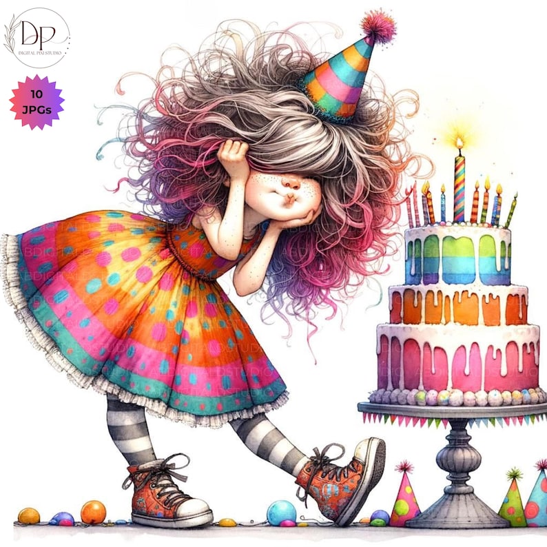 K&ouml;nnte beinhalten: Eine skurrile Illustration eines M&auml;dchens mit bunten Haaren und einer Partyh&uuml;tchen, das sich zu einer dreist&ouml;ckigen Geburtstagstorte mit brennenden Kerzen neigt. Sie tr&auml;gt ein gepunktetes Kleid, gestreifte Socken und gemusterte Turnschuhe. Der Text "10 JPGs" ist enthalten.