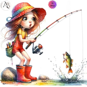 Clipart de chica pescando peculiar (10 JPG), clipart de chica aventurera y pescadora divertida, verano peculiar, chica primaveral caprichosa, álbum de recortes de arte de pesca adorable